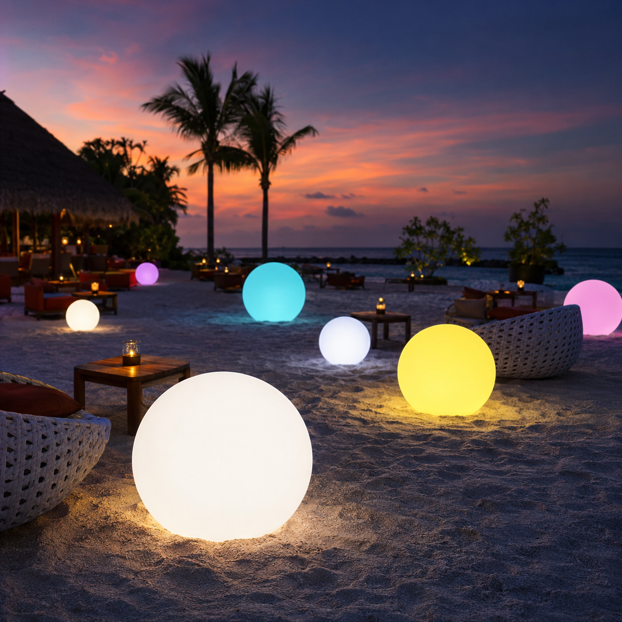 Glow balls creating a colorful beach atmosphere after sunset