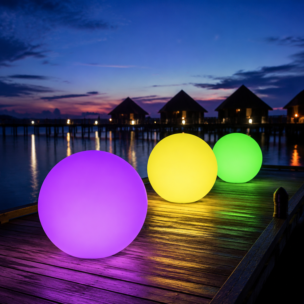 Three vivid glow balls illuminating a dock at dusk
