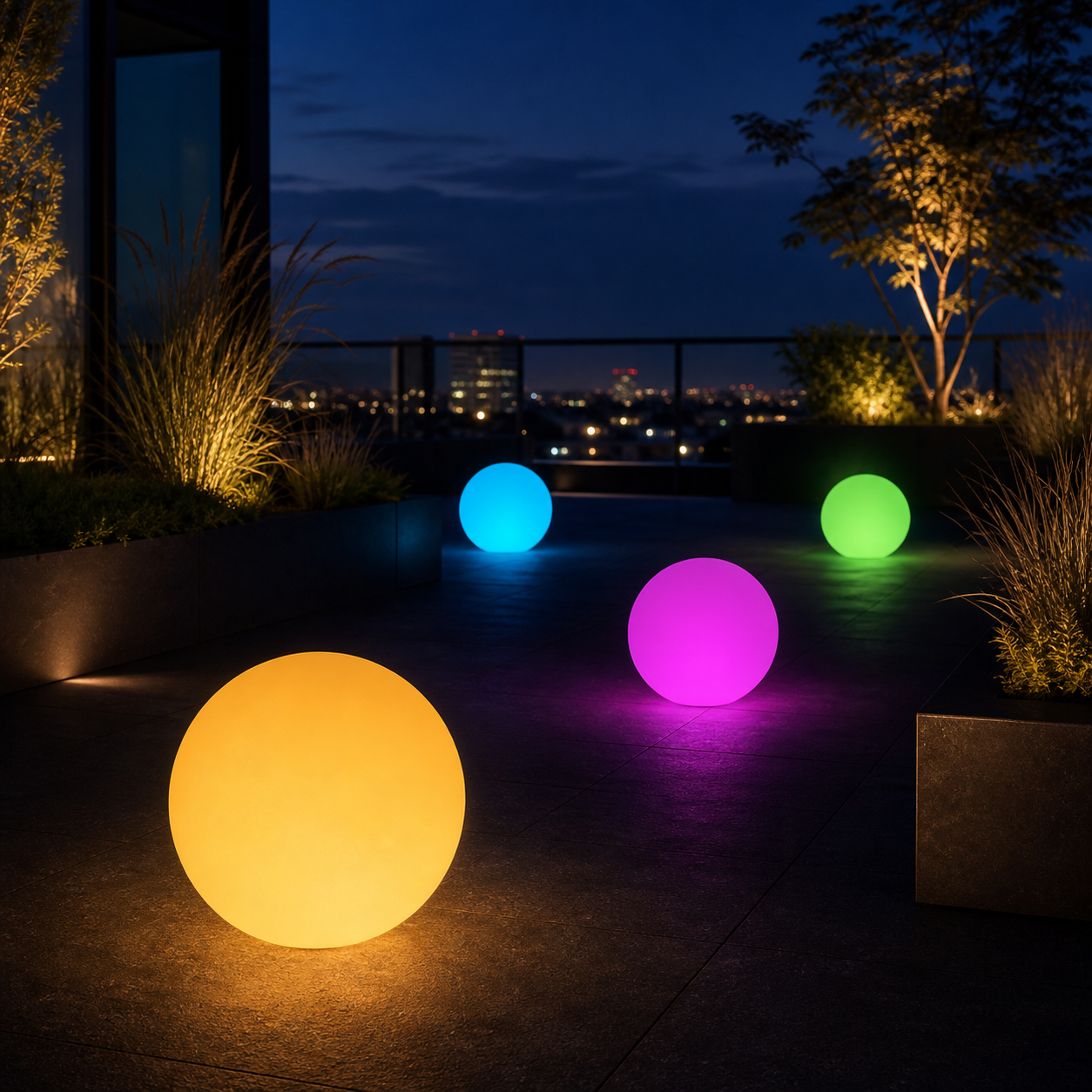 Colorful glow balls across a rooftop garden at blue hour