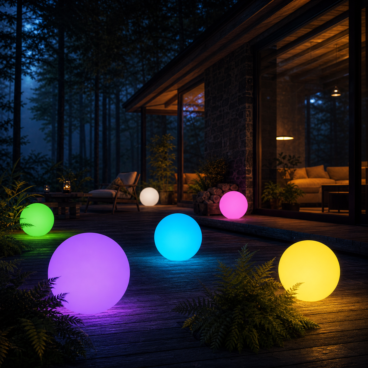 A full spectrum of glow balls on a woodland cabin terrace
