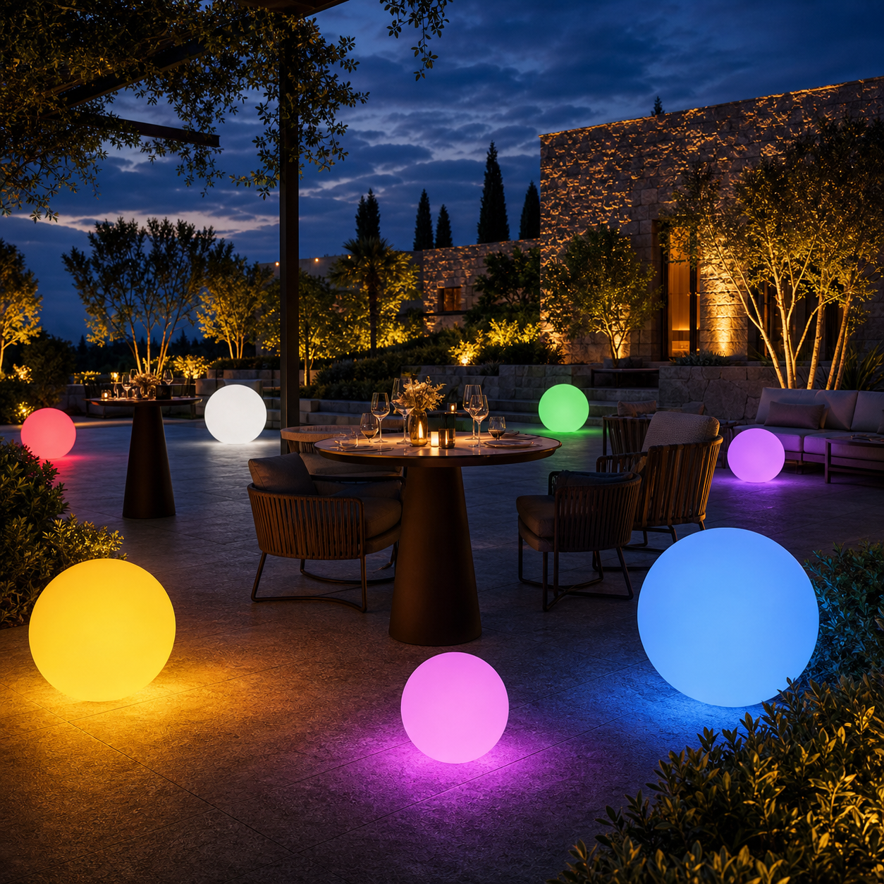 Glow balls creating atmosphere around an outdoor dinner terrace