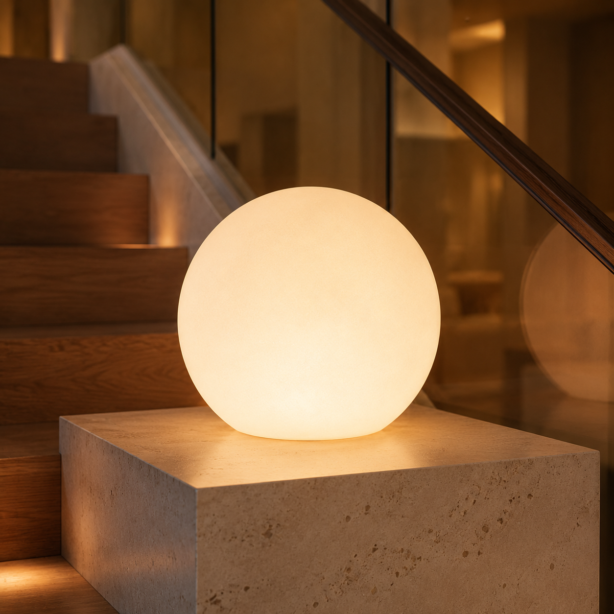 A warm white glow orb beside a modern interior staircase